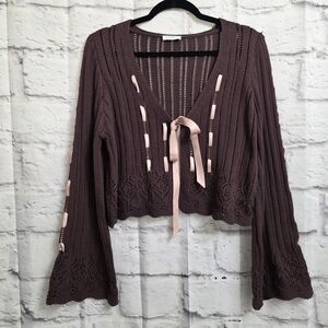 Storia Lila Ribbon Tie Knit Cardigan With Bell Sleeves Size Large